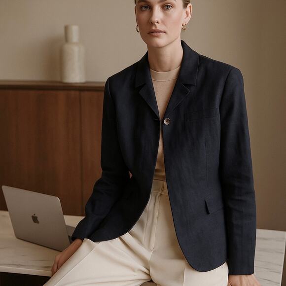 St. John Linen Modern Blazer Navy Blue 12 - Picture 1 of 12